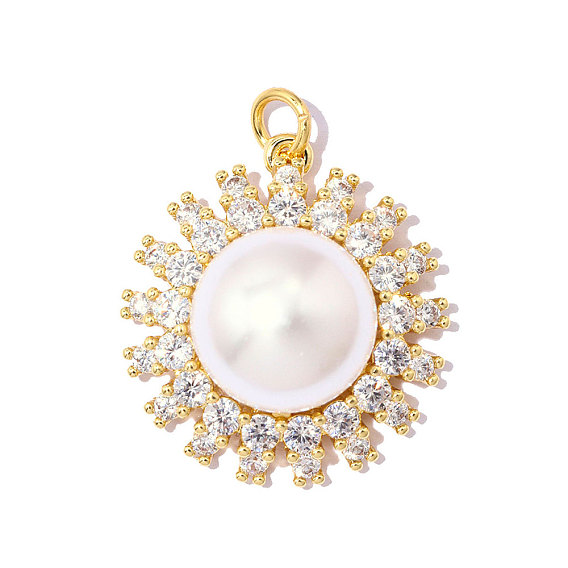 Латунные подвески с фианитами, с ABS имитации жемчуга, , ионное покрытие (ip), зеркальная полировка, реальный 18 k позолоченный