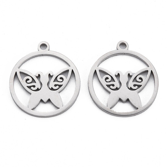304 Stainless Steel Pendants, Ring with Butterfly