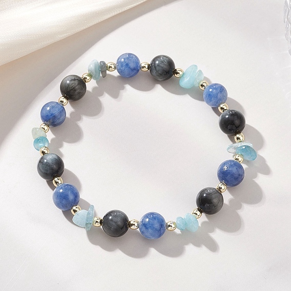 Женские эластичные браслеты из бусин из натурального кианита, соколиного глаза и аквамарина, круглые, с Гальваническим немагнитных синтетическими гематита бисера