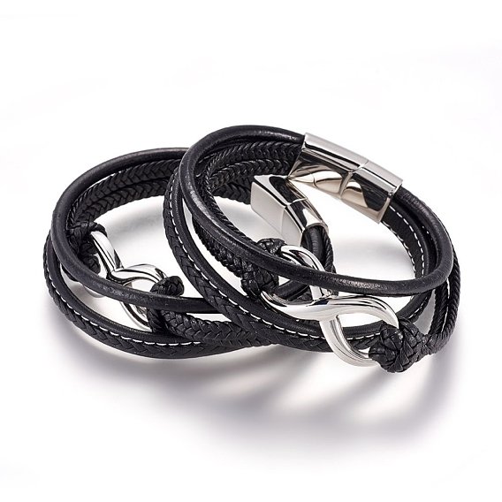 Braided Leather Cord Multi-strand Bracelets, with 304 Stainless Steel Findings and Magnetic Clasps, Infinity