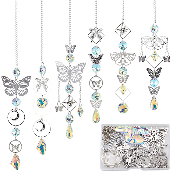 Наборы для изготовления ловца солнца в виде бабочки своими руками, включают в себя подвески-соединители из нержавеющей стали, стеклянные подвески, Латунные соединительные колечки, Кольца прыжок, железные застежки с крючками