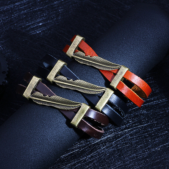 Leather Multi-strand Bracelets, with Alloy Findings & Magnetic Clasp, Plume, Antique Bronze