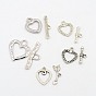 Tibetan Style Heart Toggle Clasps, Mixed Style, Heart: 14~27x12~24x1~2mm, Hole: 2~4.5mm, Bar: 19~32x6.5~10.5x2.5mm, Hole: 1.8~5mm