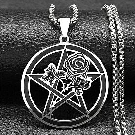 304 Stainless Steel Rose Flowre Pentagram Pendant Box Chain Necklaces