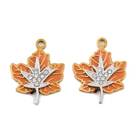 304 Stainless Steel Enamel Pendants, Maple Leaf Charms, with Rhinestone, Ion Plating(IP)