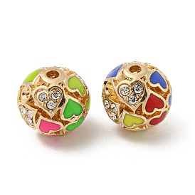 Golden Alloy Enamel Beads, with Rhinestone, Round with Heart