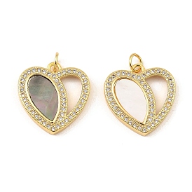 Brass Cubic Zirconia with Shell Pendants, Long-Lasting Plated, Lead Free & Cadmium Free, Heart