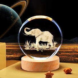 Glass 3D Laser Engraved Elephant Crystal Ball with Wood Stand, for Home Desktop Decoration