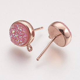 Brass Ear Stud Findings, with Druzy Resin Cabochon and Loop, Flat Round