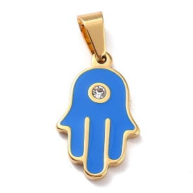 304 Stainless Steel Enamel Pendants, with Rhinestone and 201 Stainless Steel Bails, Hamsa Hand