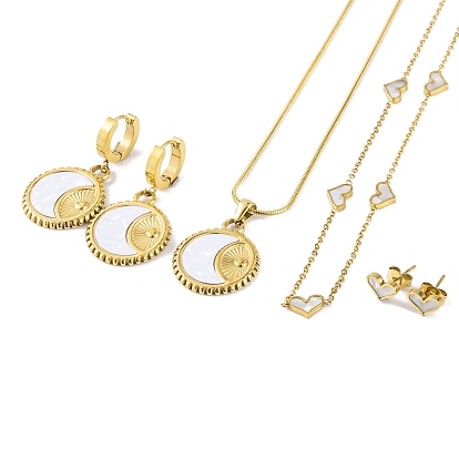 Heart/Round Synthetic Shell Earrings & Pendant Necklaces Sets, 304 Stainless Steel Jewelry Sets for Women, Golden