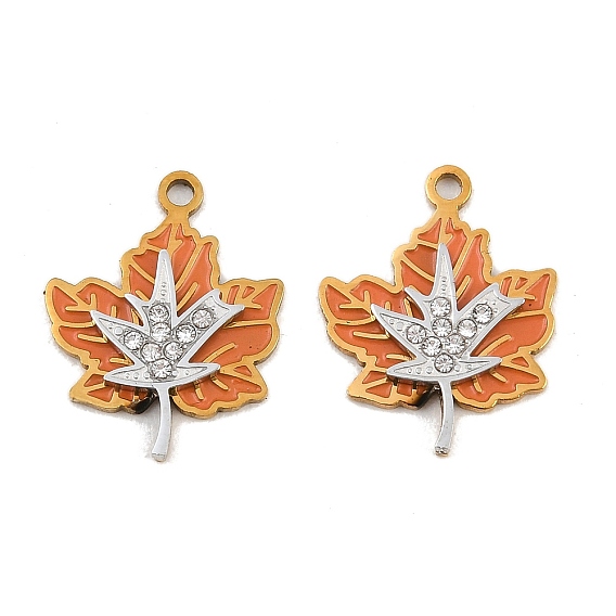 304 Stainless Steel Enamel Pendants, Maple Leaf Charms, with Rhinestone, Ion Plating(IP)