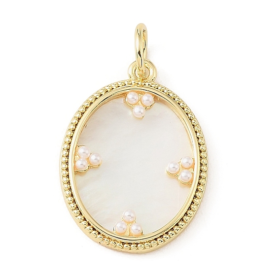 Brass & Natural White Shell & ABS Plastic Pearl Pendants, Oval Charms, Rack Plating, Long-Lasting Plated, Cadmium Free & Lead Free