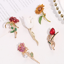 Simulated sunflower flower brooch for women with rose diamonds, high-end temperament corsage, retro alloy accessories