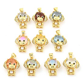 Rack Plating Brass Micro Pave Clear Cubic Zirconia Pendants, with Glass, Long-Lasting Plated, Cadmium Free & Lead Free, Dog Charms