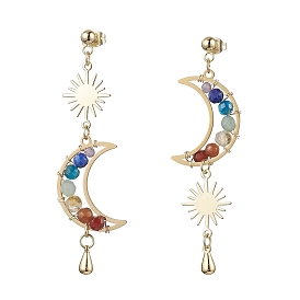 Chakra Moon Copper Wire Wrapped Gemstone Stud Earring, Sun 304 Stainless Steel Dangle Earrings for Women
