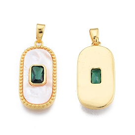 Synthetic White Shell Pendants, with Brass Green Cubic Zirconia Findings, Oval Charm