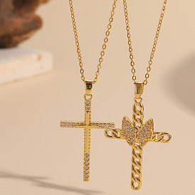 Minimalist Zirconia Cross Pendant with Elegant Bowknot Design - 14K Gold Plated Jewelry for Women
