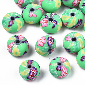 Handmade Polymer Clay Beads, Rondelle with Flower