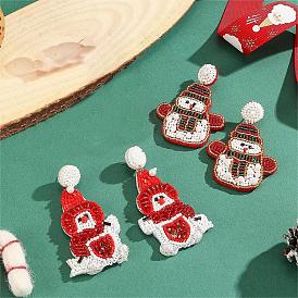 Christmas Style Beaded Stud Earrings with Snowman Pattern and Glass Beads