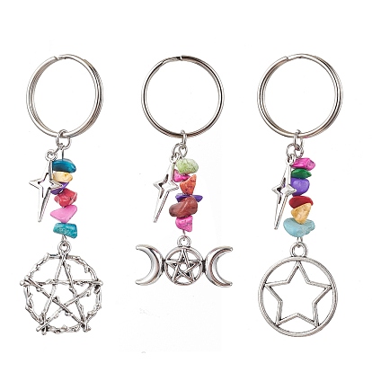 Tibetan Style Alloy Keychain, with Dyed Synthetic Turquoise Beads Strands, Iron Split Key Rings, Star