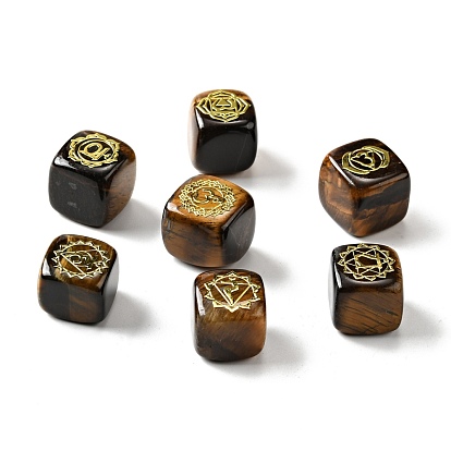 7Pcs 7 Styles Natural Tiger Eye Beads, with Long-Lasting Plated Golden Tone Brass Chakra Pattern Slices, Lead Free & Cadmium Free, No Hole, Cube