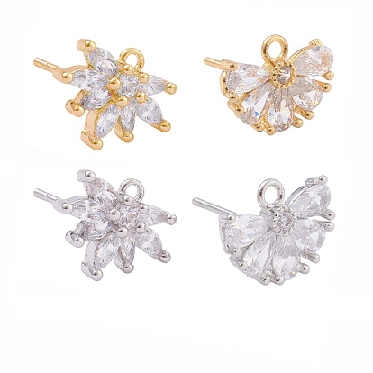 4 Pairs 2 Style Brass Micro Pave Clear Cubic Zirconia Stud Earring Findings, with Loop, Flower