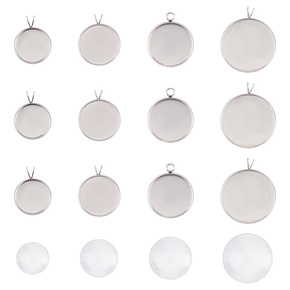 DIY Pendant Making Kits, 304 Stainless Steel Pendant Cabochon Settings, Plain Edge Bezel Cups, with Transparent Glass Cabochons, Flat Round and Half Round