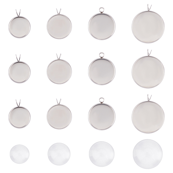 DIY Pendant Making Kits, 304 Stainless Steel Pendant Cabochon Settings, Plain Edge Bezel Cups, with Transparent Glass Cabochons, Flat Round and Half Round