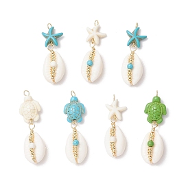 7 шт. 7 стили подвески из натуральной раковины каури и морской черепахи, окрашенные в синтетический бирюзовый цвет, с медными ювелирными проволочными петлями, белый и бирюзовый