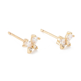 Brass Micro Pave Clear Cubic Zirconia Stud Earrings, with 925 Sterling Silver Pin, Butterfly