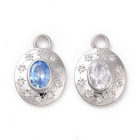 Eco-friendly Brass Micro Pave Cubic Zirconia Pendants, Cadmium Free & Lead Free, Long-Lasting Plated, Oval with Star