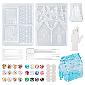 Olycraft DIY 3D House Silicone Molds Kits, with Nail Art Sequins, UV Gel Nail Art Tinfoil, Plastic Stirring Rod & Pipettes, Mixed Shape