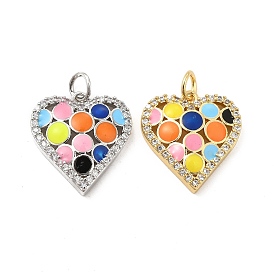 Brass Micro Pave Clear Cubic Zirconia Pendants, with Jump Ring & Enamel, Heart Charm