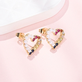 Серьги-гвоздики из латуни с полым сердцем и микропаве из кубических цирконий, с ABS имитации жемчуга