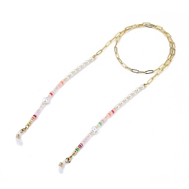 Chaînes de lunettes en laiton, tour de cou pour lunettes, avec des perles heishi en pâte polymère, Des billes de verre, des perles en plastique, pierres gemmes naturelles, 304 fermoirs à pince de homard en acier inoxydable et extrémités en caoutchouc