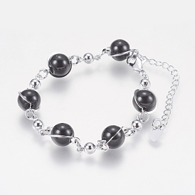 Verre perles rondes bracelets, avec les accessoires en fer, et fermoirs pince de homard, plaqué longue durée, ronde, platine