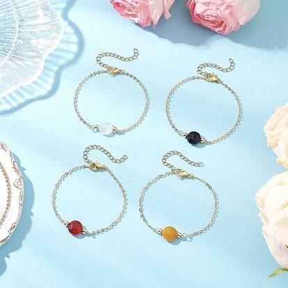 4Pulseras de eslabones de cuentas redondas planas de ágata roja natural, ágata negra, topacio, jade y ágata blanca, pulseras de cadena tipo cable para mujer