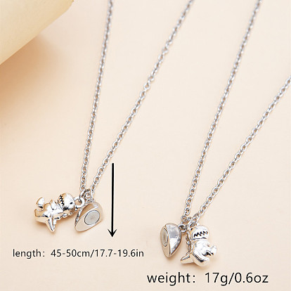 Alloy Dinosaur Pendant Heart Magnetic Clasp Couple Necklace Set with Blessing Card