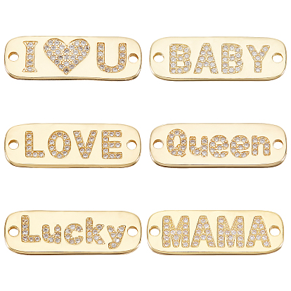 6Pcs 6 Styles Brass Micro Pave Clear Cubic Zirconia Links, Long-Lasting Plated, Rectangle with Words