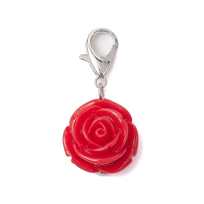 Rose Resin Pendant Decoration, Alloy Lobster Claw Clasps for Bag Ornaments