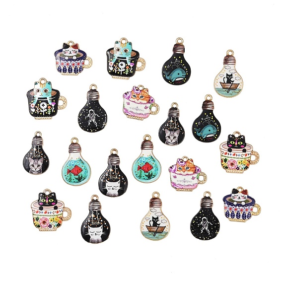 20 шт 10 стиль подвески из сплава эмали, чашка с котом и лампочка с котом/космонавтом/рыбой