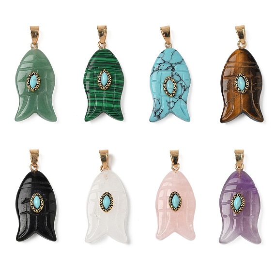 Резные подвески из драгоценных камней и синтетической бирюзы, амулеты в виде рыбок с латунными дужками, золотые