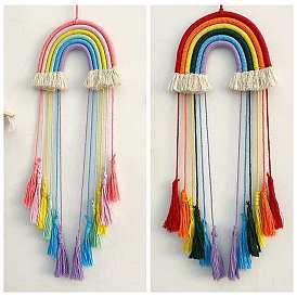 Handmade Macrame Cotton Cord Woven Rainbow Tassel Wall Hanging, Boho Style Hanging Ornament, for Home Decoration
