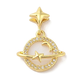 Rack Plating Brass Clear Cubic Zirconia Synthetic Shell Pendants, Cadmium Free & Lead Free, Planet