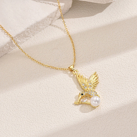 Delicate and Lovely Bird Brass Cubic Zirconia & Imitation Pearl Pendant Necklaces for Women