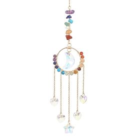 Glass Heart/Star/Moon Pendant Decoration, Hanging Suncatchers, with Ring Brass Finding & Chakra Gemstone Chip Beads