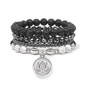 Natural Lava Stone Bracelet with Vintage Black Onyx Lotus Pendant - Multi-layered Men's Essential Oil Diffuser Jewelry