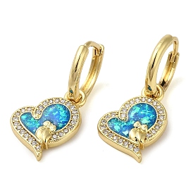 Heart with Owl Rack Plating Brass Micro Pave Cubic Zirconia Hoop Earrings, with Synthetic Opal, Cadmium Free & Lead Free, Long-Lasting Plated