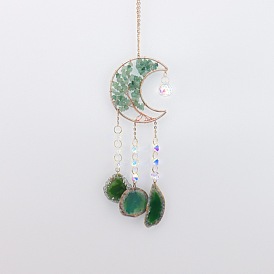 Ловец солнца в форме луны, обмотанный медной проволокой из натуральных зеленых кусочков авантюрина., Декоративное украшение для окна из стекла и натурального агата для дома.